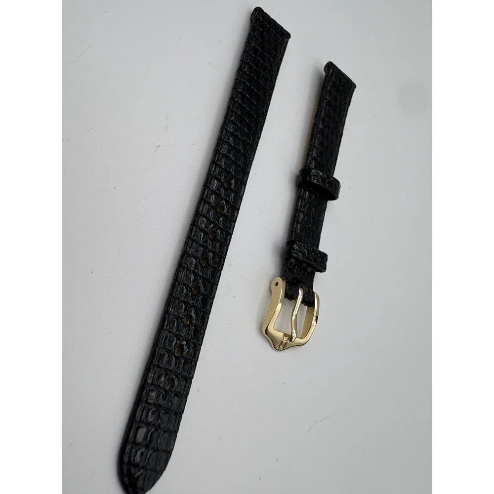 Hirsch Water-Resistant Black Lizard Embossed Leather Watch Strap 12mm Gold-Tone